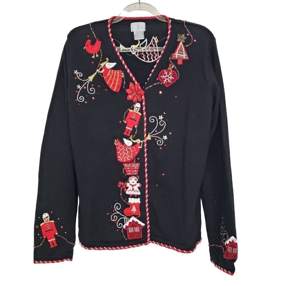 Berek Christmas Cardigan Womens Size Medium Black Vintage Nutcracker Beaded